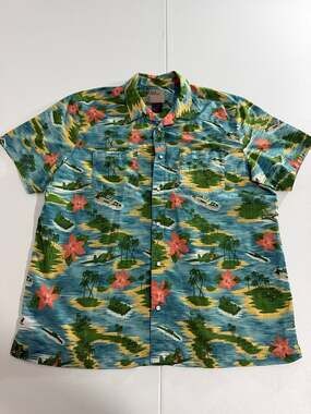 5.11 Tactical Mens Button Up Shirt XL Blue Green Hawaiian Island Print Camp